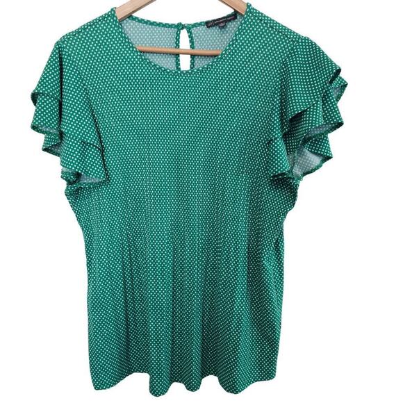 Adrianna Papell Blouse Womens Size Medium Green Polka Dot Ruffle Sleeve Classic - Picture 1 of 10
